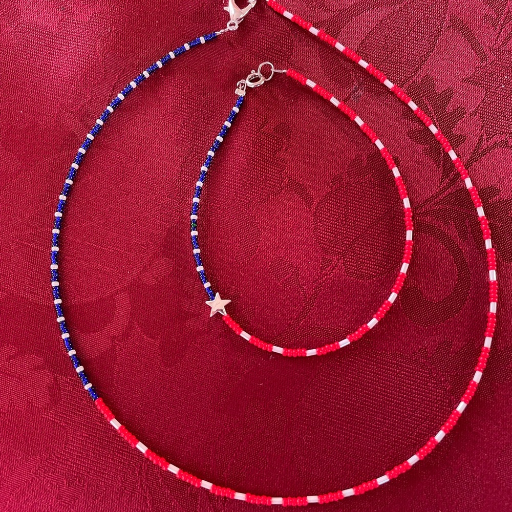 Red and Blue Beaded Necklace Set with Star Charm